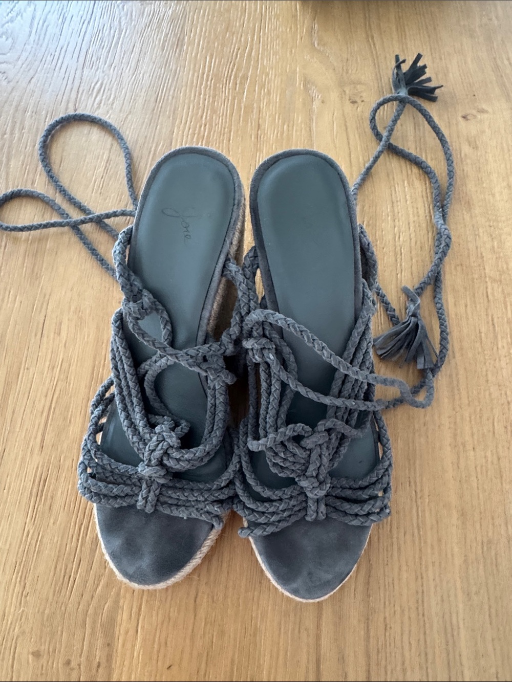 Joie Gray Braided Rope Wedge Sandals with Lace-Up Ties